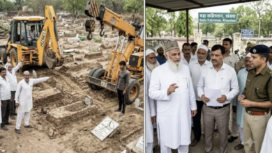 Photo of कब्रों के ऊपर से गुजरी क्रेन-JCB! खंडवा के बड़ा कब्रिस्तान में बवाल, कमेटी भंग